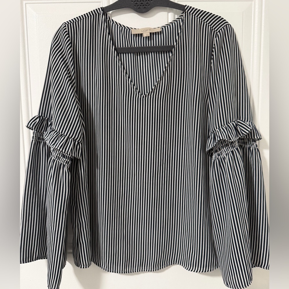 LOFT Navy & White Stripe V-Neck Blouse Bell Ruffle Sleeves Size Small